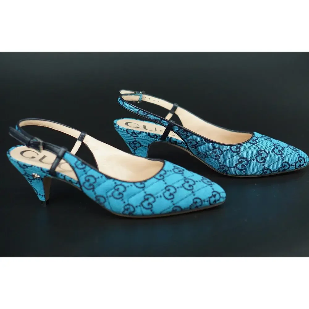 Gucci Charlotte Blue Canvas GG Strap Pointed Toe Slingback Pumps Size 37 $695